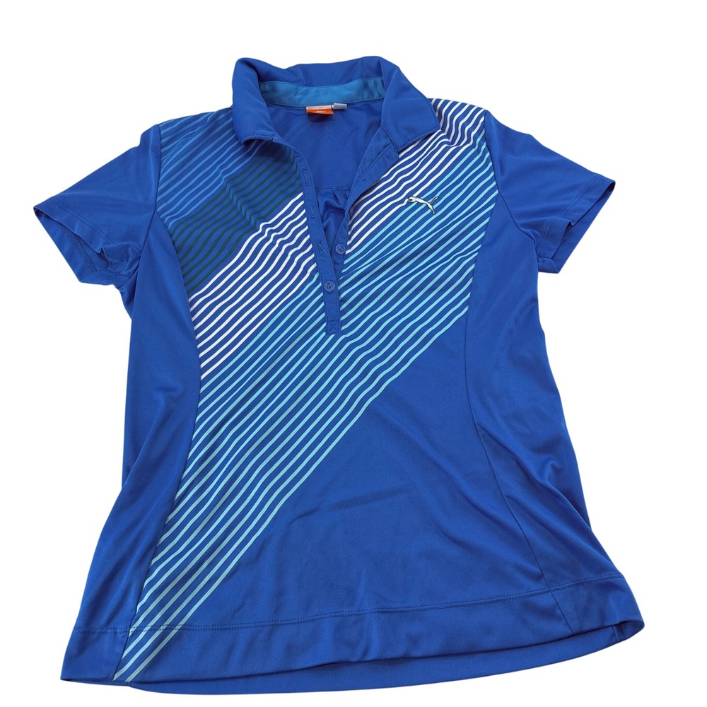 Puma Sportlifestyle Womens Blue Striped Performance Golf Polo Shirt Size M